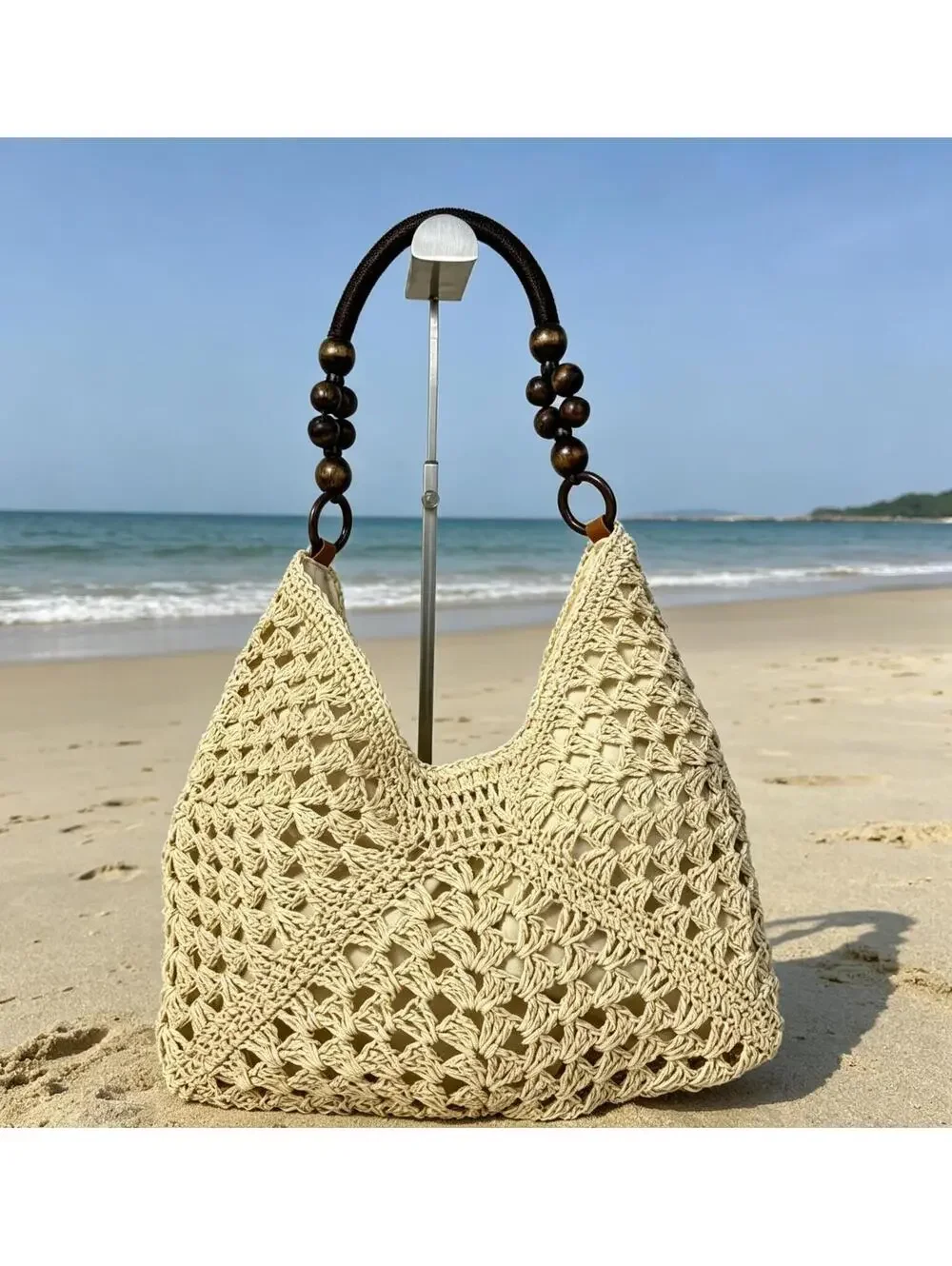 Crochet Straw Hobo Bag Bead Hollow Shoulder Bag Khaki Color